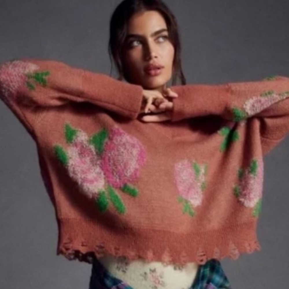 Anthropologie XL Slouchy Rust-Burnt Orange oversized Floral v-Neck Sweater